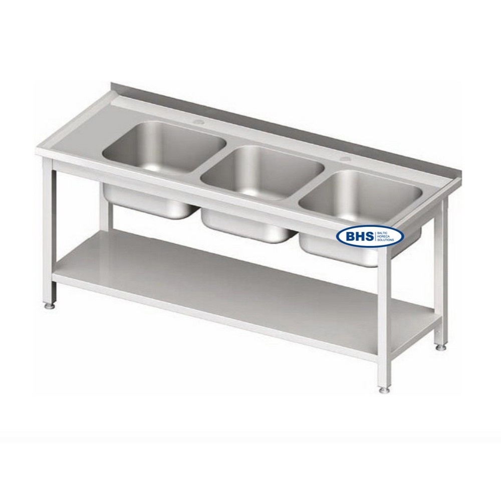 Stainless Steel Work Table with Triple Sinks and Shelf